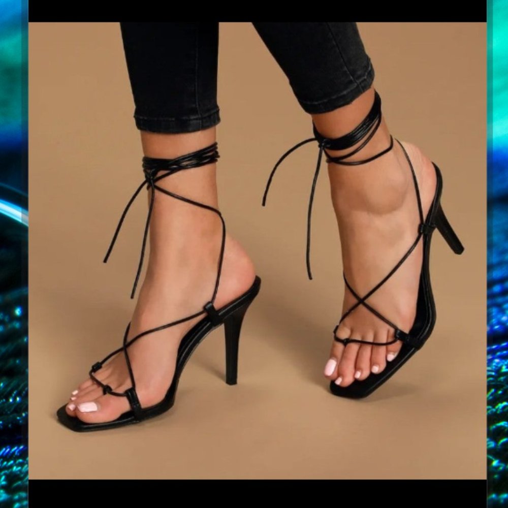 Lyllian Black Square Toe Lace-Up Heels